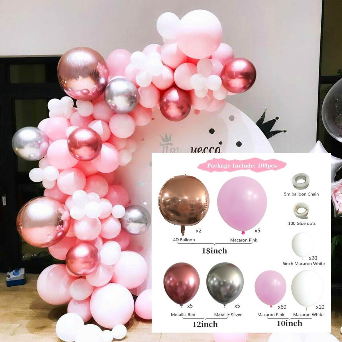 109pcs Macaron Powder Silver Balloon Kit Girls' Birthday Party Baby Shower Decoration-ueventsupplies