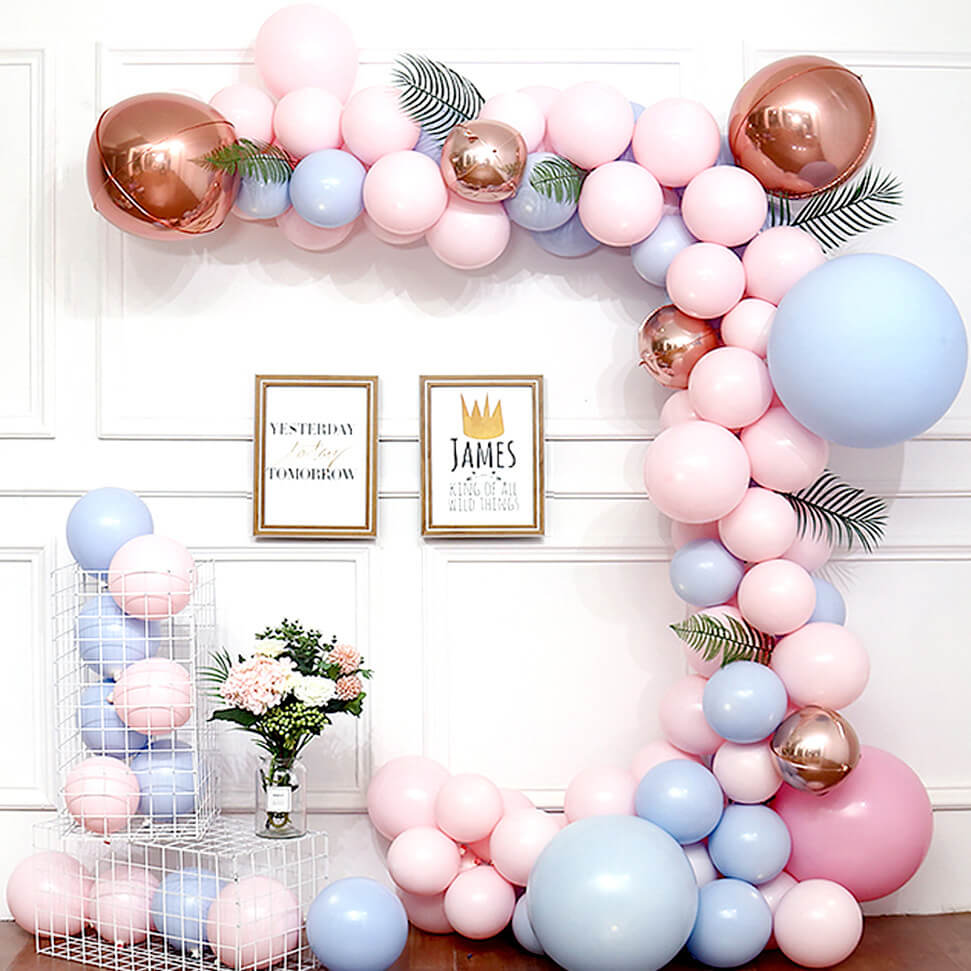 114PCS Macaron Pink Blue Balloon with Palm Leaves Garland Kit for Birthday/Wedding/Baby Shower Party Decoration-ueventsupplies