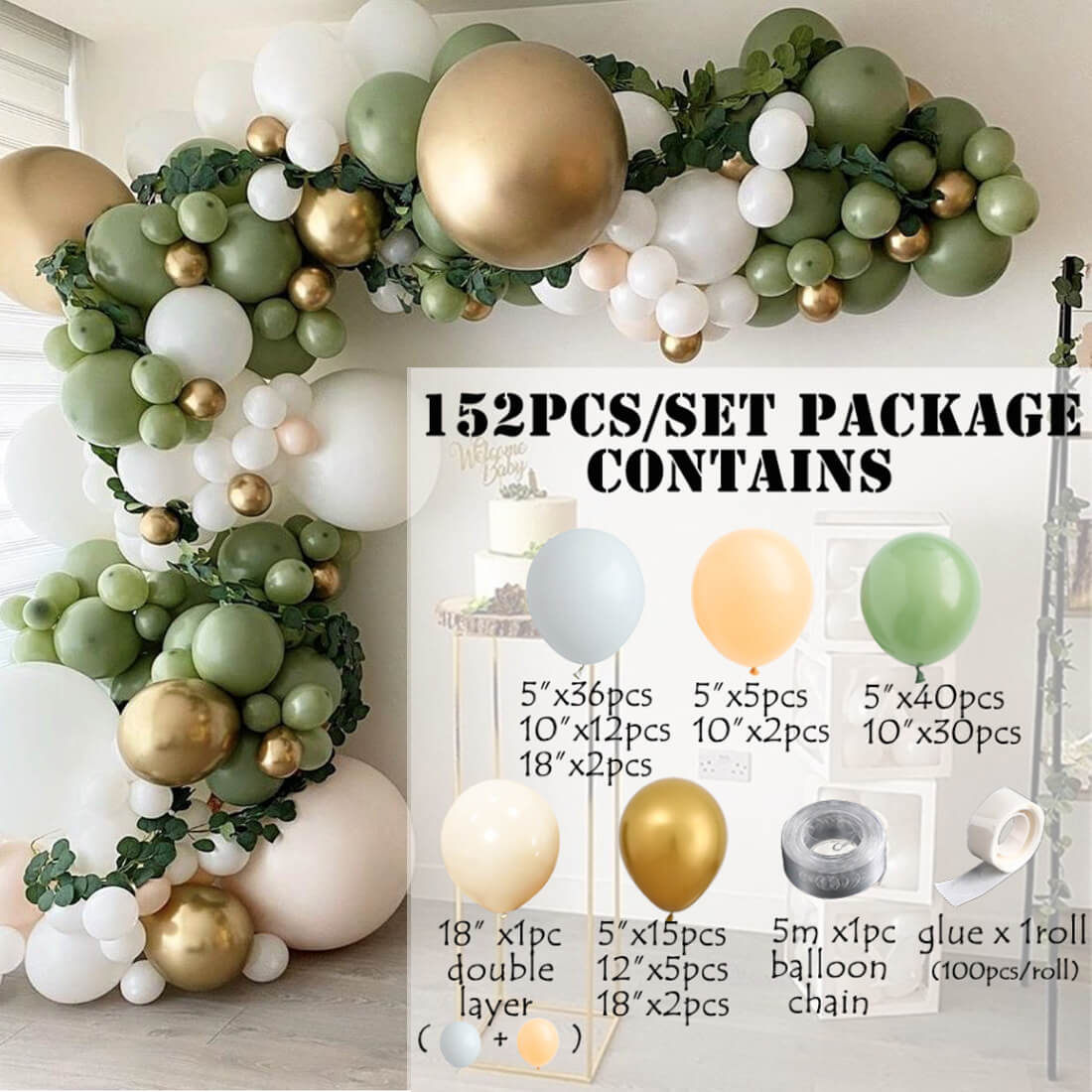 152pcs Sage Green Balloon Garland Arch Kit for Wedding Baby Shower Birthday Party Decoration-ueventsupplies