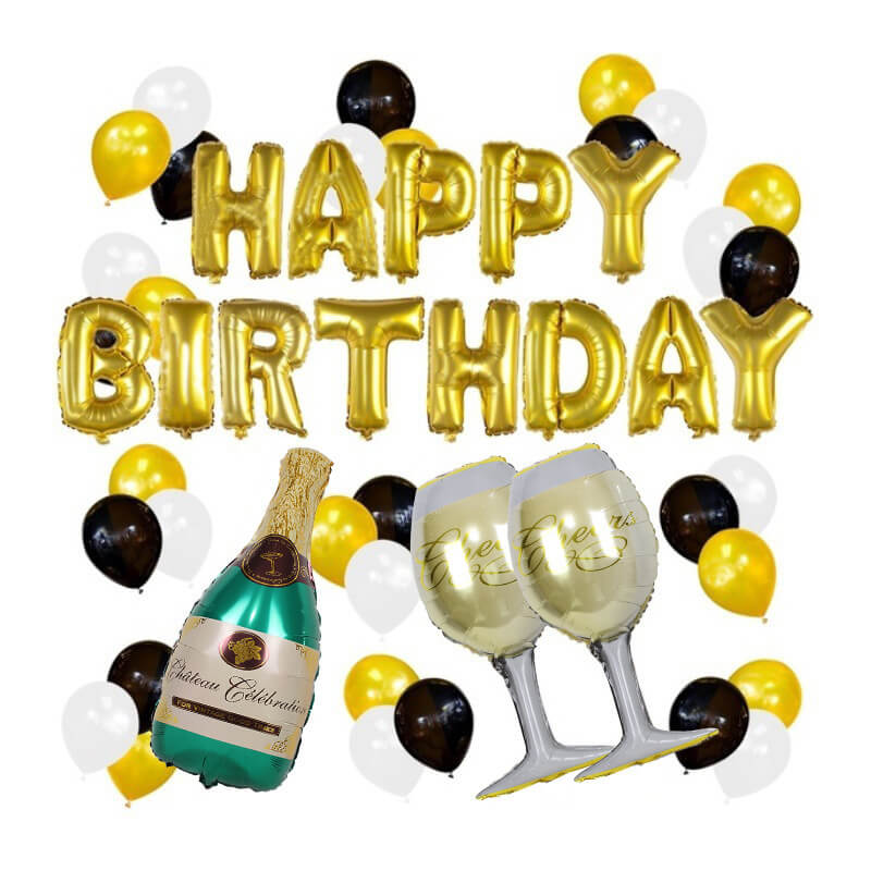 49pcs Happy Birthday Champagne Bottle Balloons Kits 30th Golden Birthday Decoration-ueventsupplies