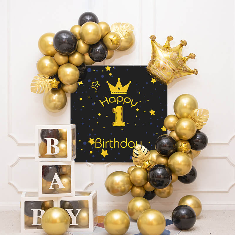 Black and Gold Backdrop Balloon+Box Kit for Birthday Party Decoration