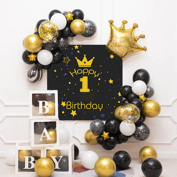 Black and Gold Backdrop+Balloon+Box Kit for Birthday Decoration