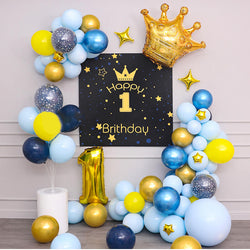 Black and Gold Backdrop& Light Blue Balloon Kit for 1st Birthday Decoration
