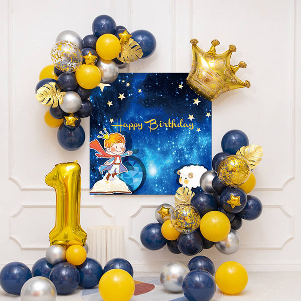 Blue Yellow Silver Balloon Kit and Backdrop for Boys 1st Birthday