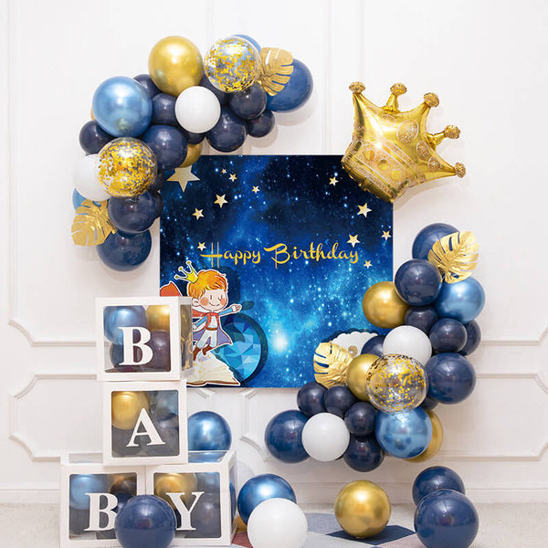 Blue and Gold Prince Happy Birthday Backdrop+Balloon+Baby Box Kit
