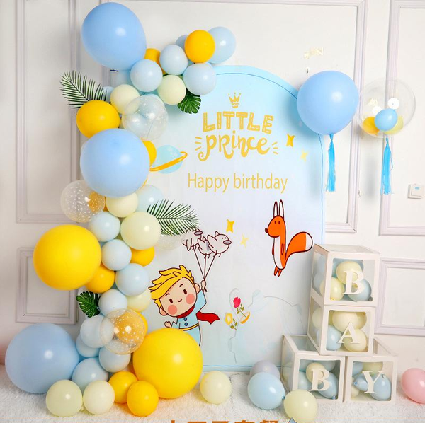 Light Blue Little Prince Backdrop and Balloon Kit Baby Box for Boys Birthday Decoration