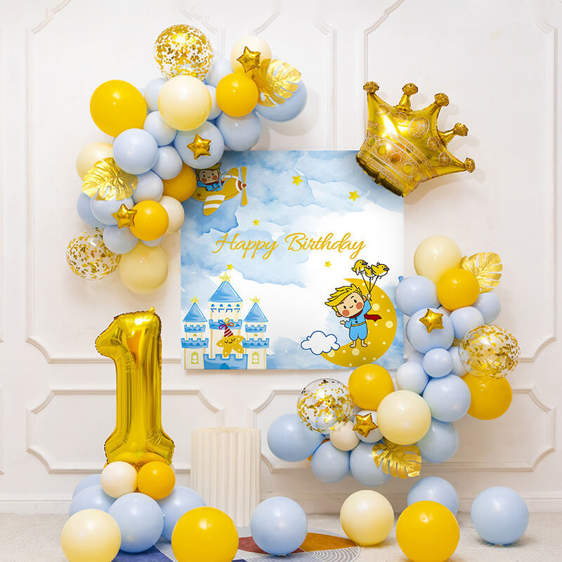 Light Blue Yellow Balloon Kit and Backdrop for Boys 1st Birthday