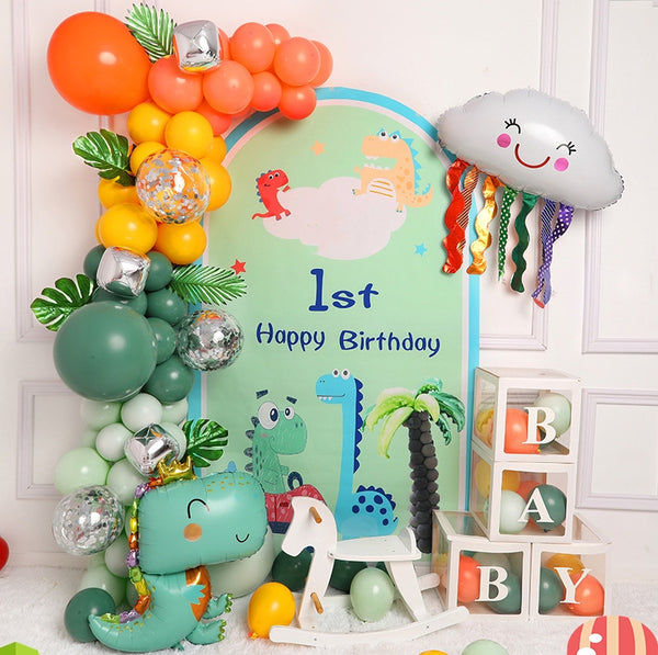 Little Dinosaur Green Balloon and Backdrop Baby Box Kits for 1st Birthday Baby Shower Decoration