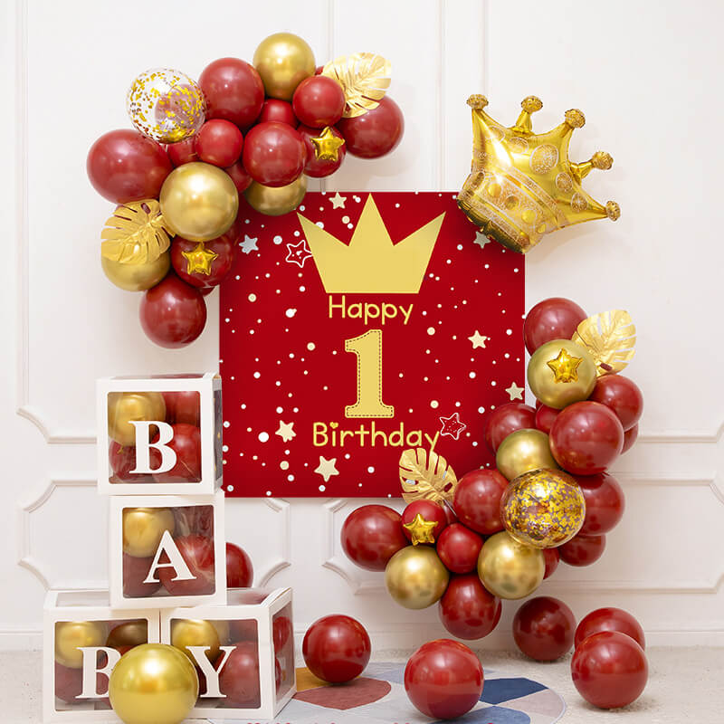 Red and Gold Backdrop+ Balloon Kit+Box Birthday Decoration Kit